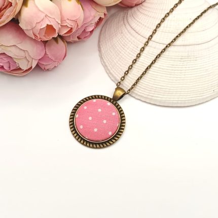 Antik bronz nyaklánc - rózsaszín, fehér pöttyös textil lencsével