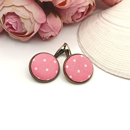 Antik bronz franciakapcsos fülbevaló - rózsaszín, fehér pöttyös textil lencsével